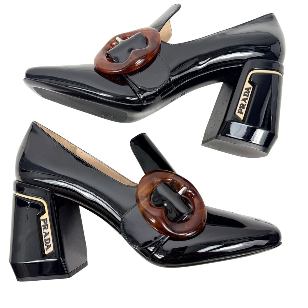 New Prada Patent Leather Amber Buckle Heeled Loafers Black Size 39 - Picture 7 of 10